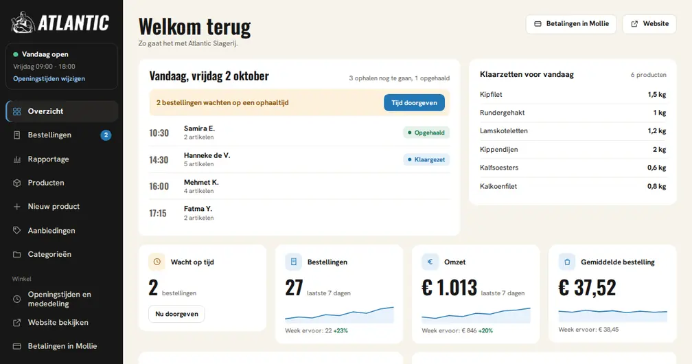 Dashboard Mijn Winkel van Atlantic Slagerij